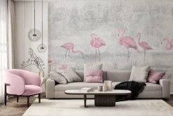 Fototapeta: Flamingi na wodzie w stylu akwareli z roślinami