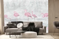 Fototapeta: Flamingi na wodzie w stylu akwareli z roślinami