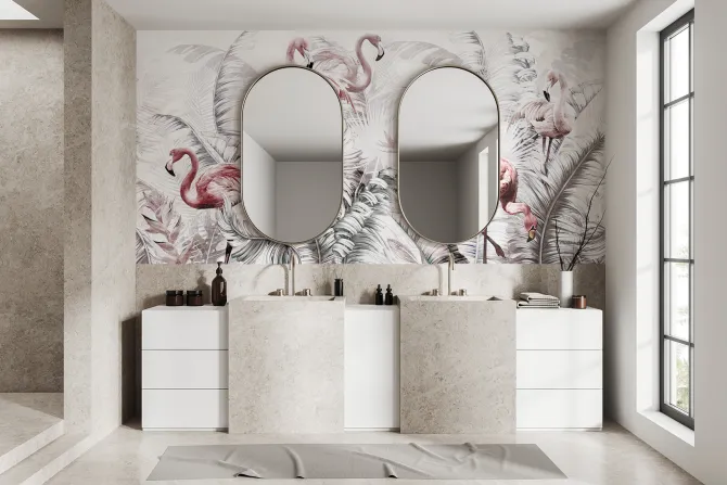 Fototapeta: Flamingi wśród tropikalnych roślin na białym tle