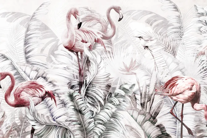 Fototapeta: Flamingi wśród tropikalnych roślin na białym tle