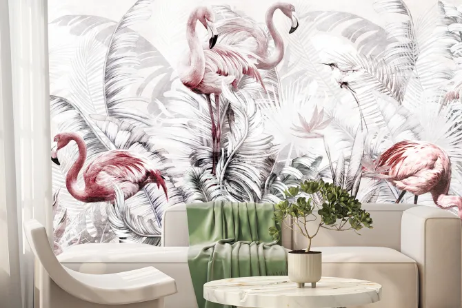 Fototapeta: Flamingi wśród tropikalnych roślin na białym tle