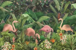 Fototapeta: Flamingi z tropikalnymi liśćmi i kwiatami