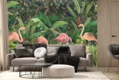 Fototapeta: Flamingi z tropikalnymi liśćmi i kwiatami