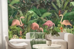 Fototapeta: Flamingi z tropikalnymi liśćmi i kwiatami