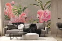Fototapeta: Flamingo peonies in tropical leaves art drawing photo wallpaper