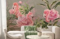 Fototapeta: Flamingo peonies in tropical leaves art drawing photo wallpaper