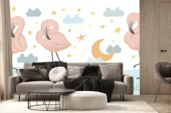 Fototapeta: Flamingos and the night sky, vector hand drawn illustrations