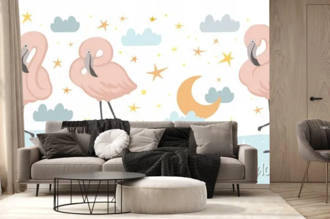 Fototapeta: Flamingos and the night sky, vector hand drawn illustrations