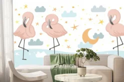 Fototapeta: Flamingos and the night sky, vector hand drawn illustrations