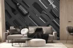 Fototapeta: Flat lay composition with modern hair combs and brushes on black