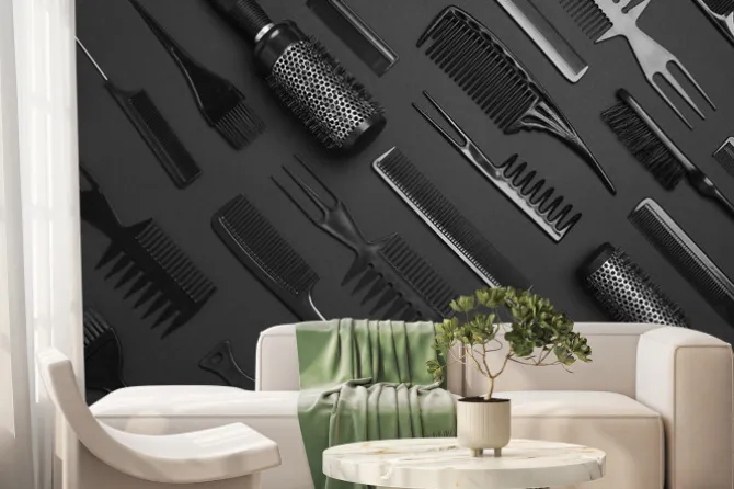 Fototapeta: Flat lay composition with modern hair combs and brushes on black
