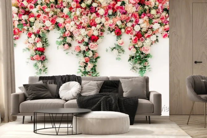 Fototapeta: Flower pattern made of pink, beige roses flower buds on white