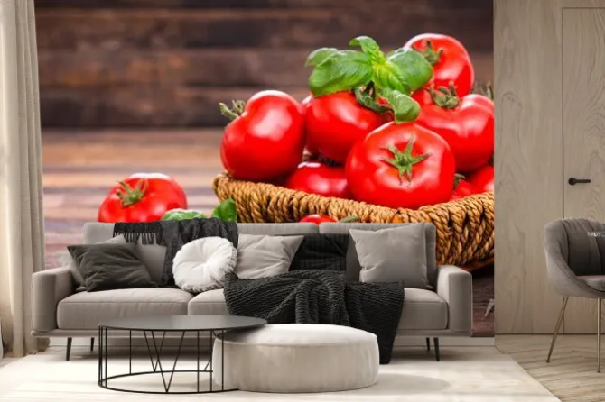 Fototapeta: Fresh ripe tomatoes and basil in the basket