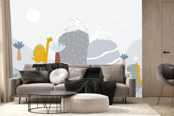 Fototapeta: Funny dinosaurs world. cartoon mural for children. vector hand