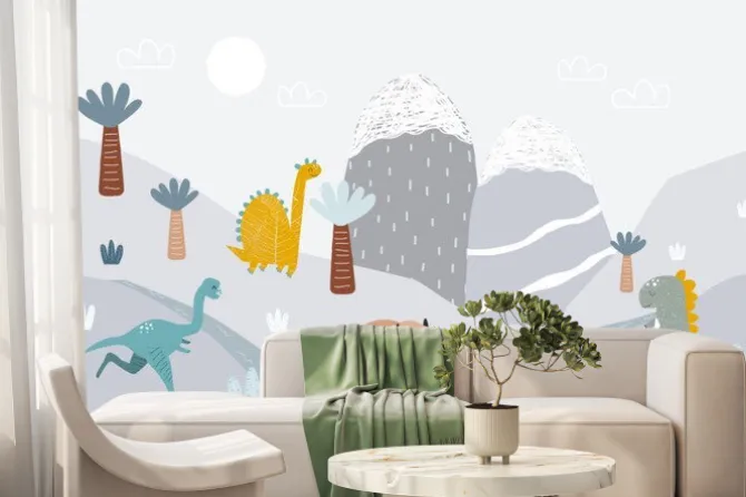 Fototapeta: Funny dinosaurs world. cartoon mural for children. vector hand