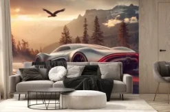 Fototapeta: Futurystyczny srebrny samochód sportowy jadący górską drogą o