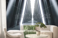 Fototapeta: Futurystyczny realistyczny duży sci-fi korytarz z światłami białymi