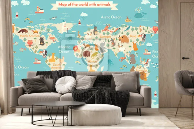 Fototapeta: Gatunki zwierząt na rysunkowej mapie świata