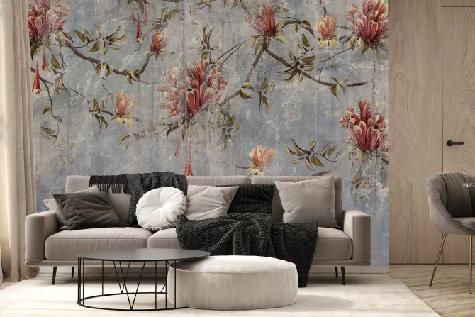 Fototapeta: Gałęzie drzew z kwiatami na rustykalnym tle