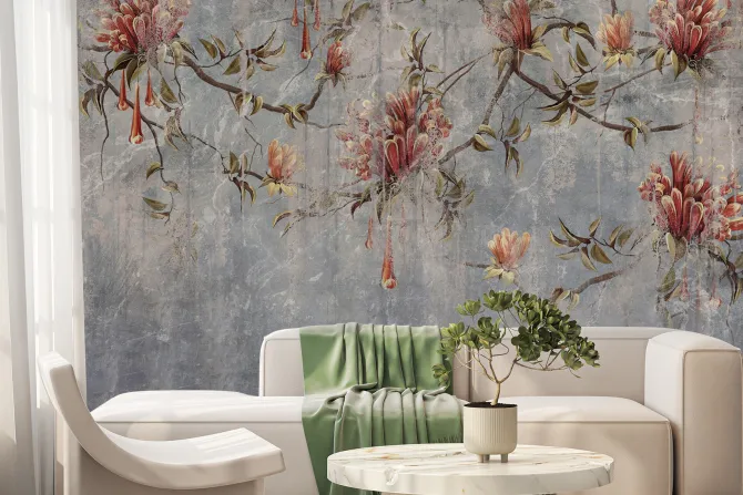 Fototapeta: Gałęzie drzew z kwiatami na rustykalnym tle