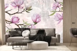 Fototapeta: Gałęzie magnolii na teksturowanym jasnym tle