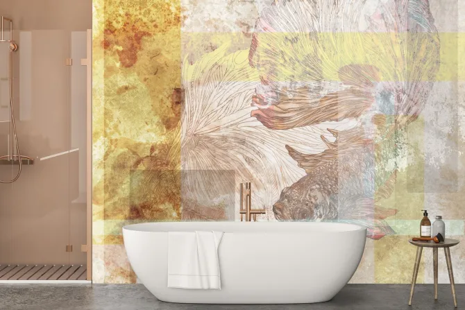 Fototapeta: Geometryczne kształty i ryby na akwarelowym teksturowym tle artystyczny