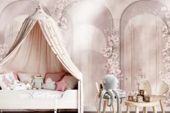 Fototapeta: Geometryczne łuki i pastelowe kwiaty w akwarelowej kompozycji