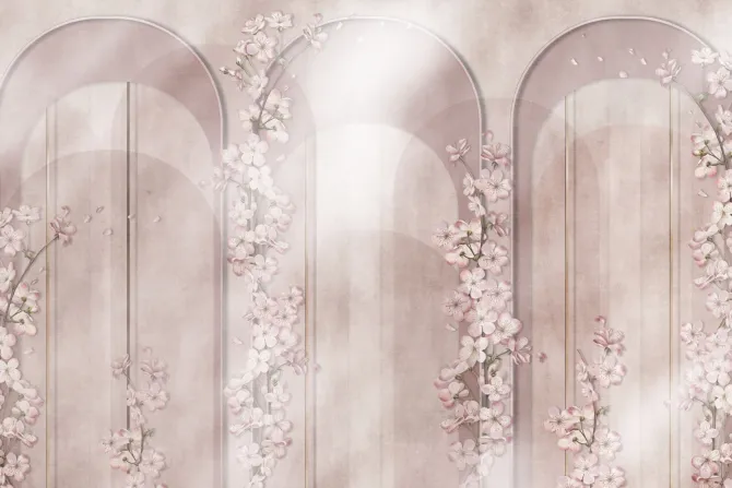 Fototapeta: Geometryczne łuki i pastelowe kwiaty w akwarelowej kompozycji