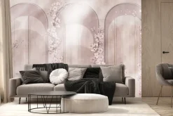 Fototapeta: Geometryczne łuki i pastelowe kwiaty w akwarelowej kompozycji