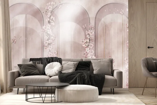 Fototapeta: Geometryczne łuki i pastelowe kwiaty w akwarelowej kompozycji