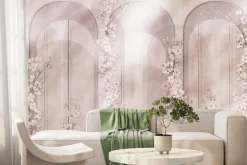 Fototapeta: Geometryczne łuki i pastelowe kwiaty w akwarelowej kompozycji