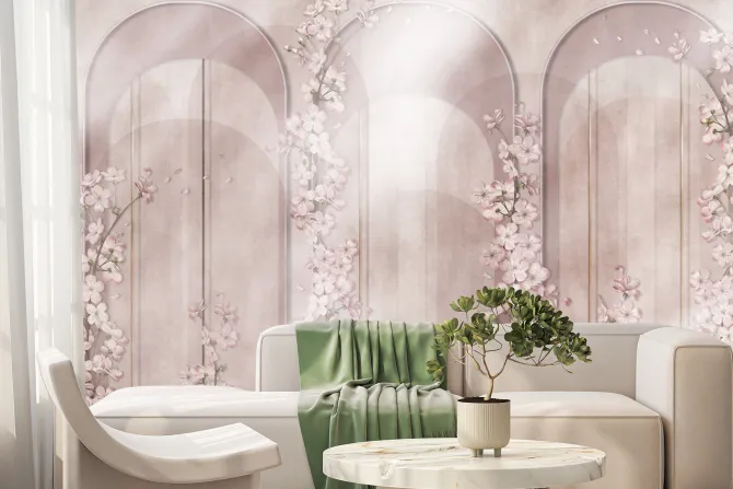 Fototapeta: Geometryczne łuki i pastelowe kwiaty w akwarelowej kompozycji