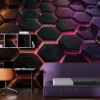 Fototapeta: Geometryczny wzór z czarnymi heksagonami i neonowym światłem
