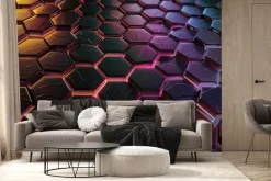 Fototapeta: Geometryczny wzór z czarnymi heksagonami i neonowym światłem