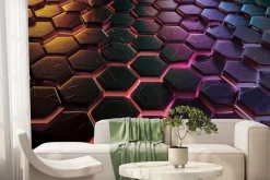 Fototapeta: Geometryczny wzór z czarnymi heksagonami i neonowym światłem