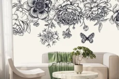 Fototapeta: Girlanda luksusowych kwitnących piwonii motyli i ptaków