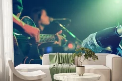 Fototapeta: Gitarzysta na scenie z mikrofonem na tle, miękki i rozmycia pojęcia