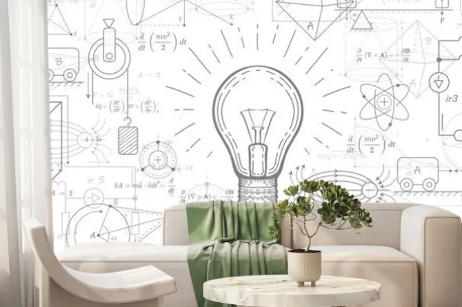 Fototapeta: Glowing light bulb concept. school background in physics and