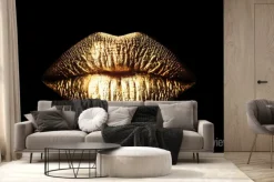 Fototapeta: Golden lips isolated on black background. luxury glamour art