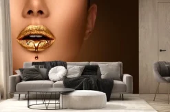 Fototapeta: Golden lipstick closeup. liquid metal dripping from gold lips.