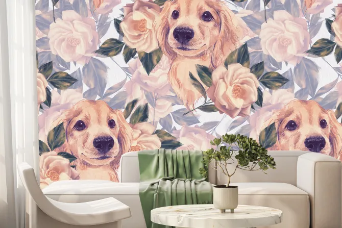 Fototapeta: Golden retriever pies wśród róż