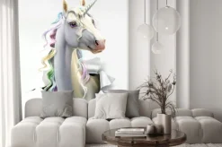 Fototapeta: Głowa jednorożca z tęczowymi włosami