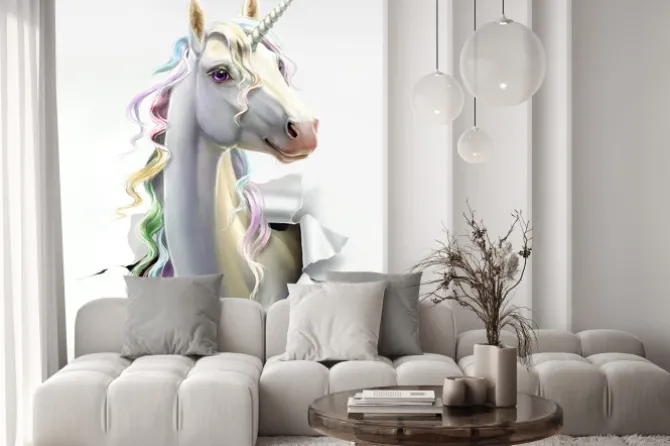 Fototapeta: Głowa jednorożca z tęczowymi włosami