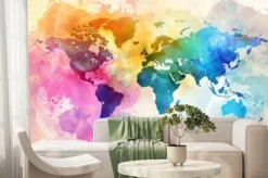 Fototapeta: Graficzna mapa świata w jasnych kolorach z kontynentami wyróżnionymi