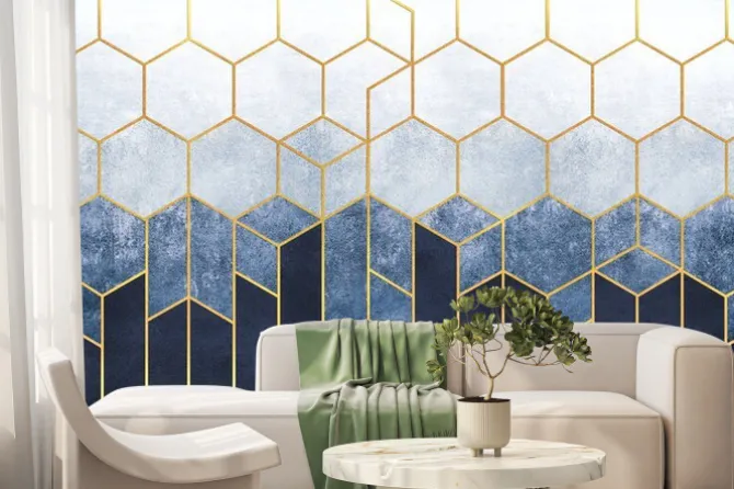 Fototapeta: Granatowa geometryczna abstrakcja ze złotymi liniami