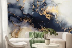 Fototapeta: Granatowo-biały marmur ze złotawymi zdobieniami