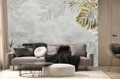 Fototapeta: Grey wall texture wallpaper design with gold leaf detail, leaf