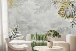 Fototapeta: Grey wall texture wallpaper design with gold leaf detail, leaf