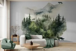 Fototapeta: Górki krajobraz z drzewami i wilkami