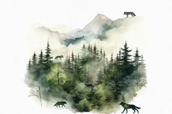 Fototapeta: Górki krajobraz z drzewami i wilkami